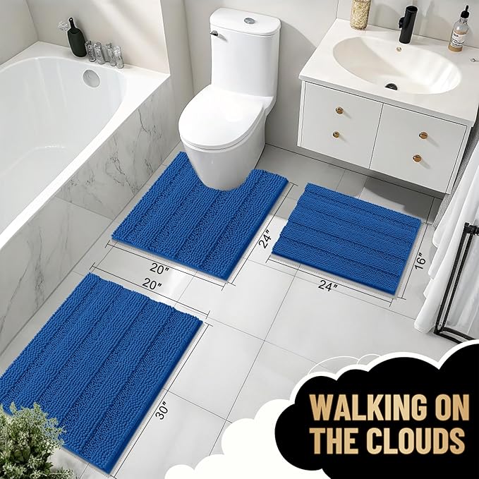 OLANLY Thick Bathroom Rugs 36x24, Extra Absorbent Chenille Striped Bath Rugs, Rubber Backing, Machine Wash Dry, Bath Mats for Bathroom Floor, Tub and Shower, Home Decor Accessories, Deep Navy Blue