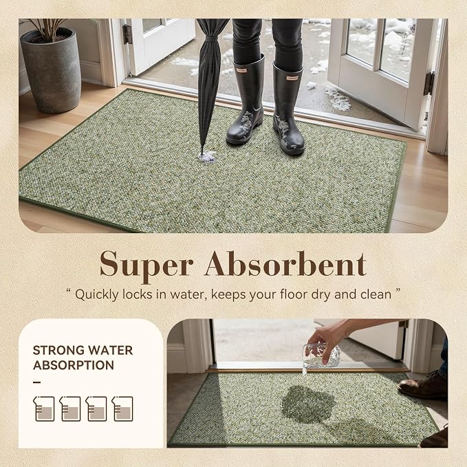 MontVoo Door Mat Indoor Entrance Doormat, Absorbent Durable Rubber Non Slip Front Door Mat for Inside Entry Entryway Dirt Trapper Welcome Mat, Green 32''x48''