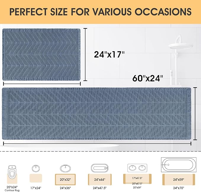 Upgrade Waffle Bath Mat Set 2 Piece, Boho Bathroom Rugs Absorbent Non Slip, Ultra Soft Bathroom Mat, Machine Washable Knit Bath Rugs with Herringbones for Bathroom,Bedroom,Kitchen, Shower, Tub, Blue