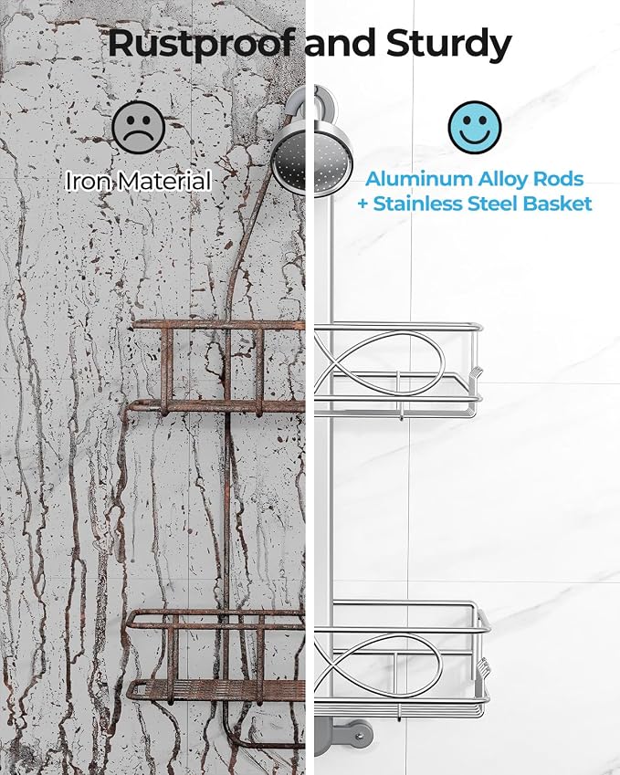 ODesign 2 Tier Stainless Steel Anodized Aluminum,Height-Adjustable Rustproof Shower Caddy Hanging Anti-Swing-Over The Shower Head Caddy-Bathroom Showe r Storage Organizer With Soap Box Holder- Sliver
