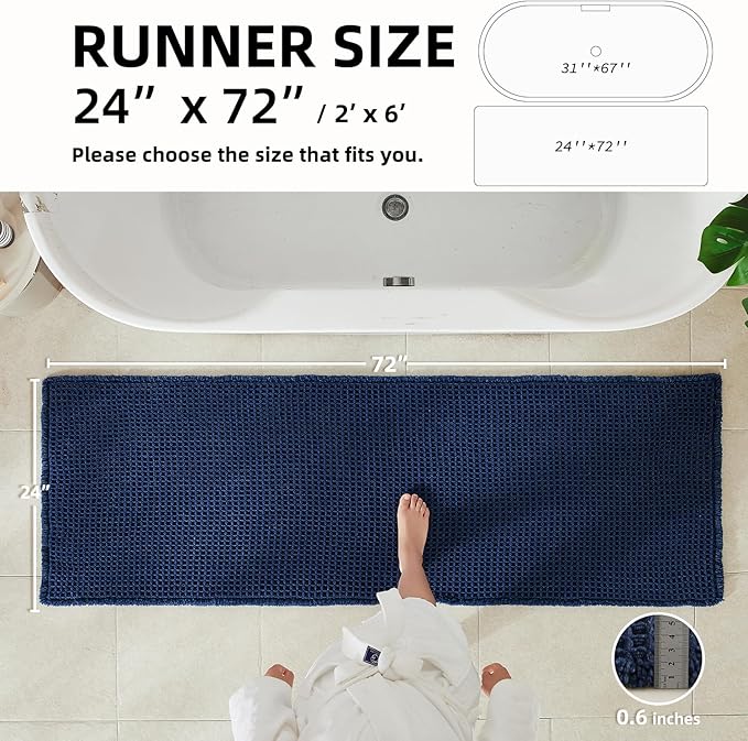 TYUU Waffle Runner Rug Bathroom, Long Boho Bathroom Rugs Non Slip Washable Super Absorbent Quick Dry Farmhouse Bath Decor, 72"x24" Navy Blue