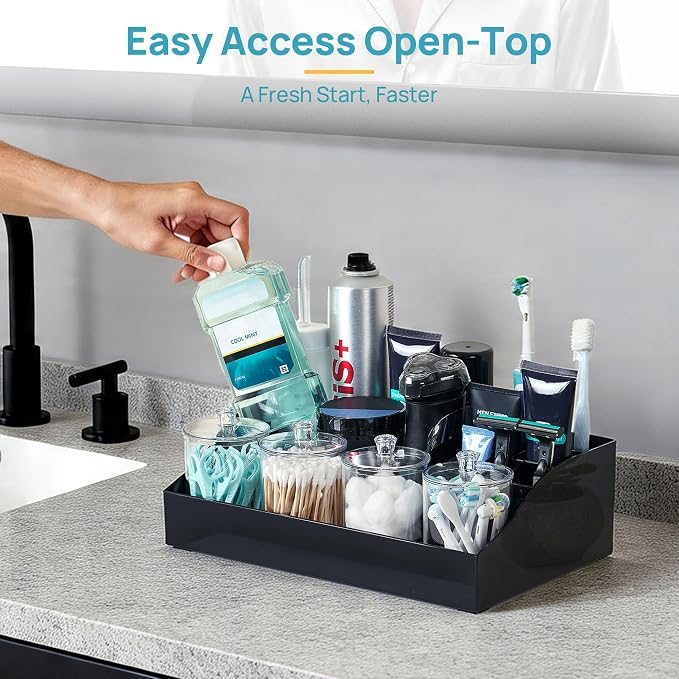 Vtopmart 5 PCS Bathroom Countertop Organizer, 1 Divided Tray with 4 Qtip Holder Jars, Restroom Clear Organizers for Toothbrush, Cotton Pads Balls, Floss, Bathroom Vanity Accessories Storage Set, Black