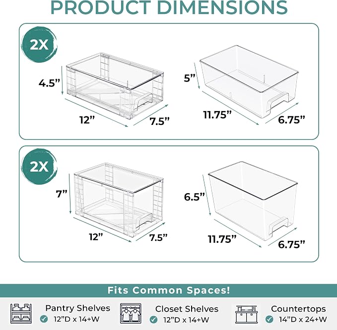 Sorbus Stackable Clear Storage Drawers, 4 Pack (2 Medium + 2 Small) Pull-Out Organizer Bins – Plastic Drawer Organizers for Bathroom, Vanity, Makeup, Under Sink & Countertop Organization