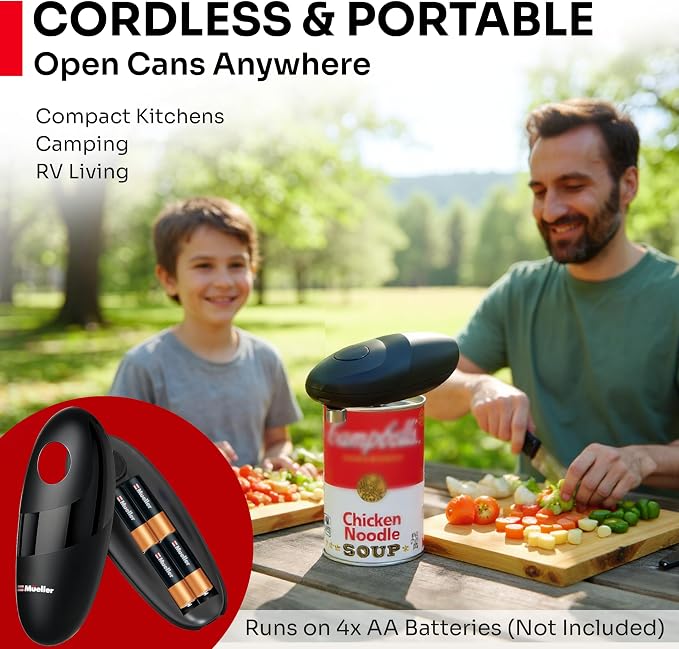 MUELLER HOME SmoothEdge Auto Electric Can Opener – Battery‑Operated One‑Touch w Magnet Lid Lifter – Portable Hands‑Free Automatic Can Openers for Seniors & Arthritis, Smooth‑Edge Cut Technology, Black