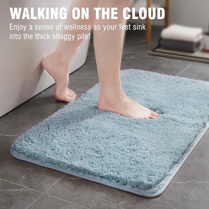 TECHMILLY Super Soft Shaggy Bathroom Runner Rugs, Absorbent Thick Non Slip Microfiber Bath Rugs, Quick Dry Machine Washable Bath Mat for Bathroom Floor, Bathtub and Shower 20"x47" Blizzard Blue