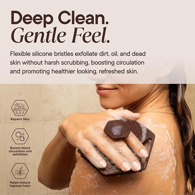 TOOLETRIES Premium Silicone Body Scrubber 2.0, Hygienic Loofah Alternative, Exfoliating Shower Scrubber for Sensitive Skin, Quick Drying & Long-Lasting Bathroom Essentials for Men & Women - Chocolate