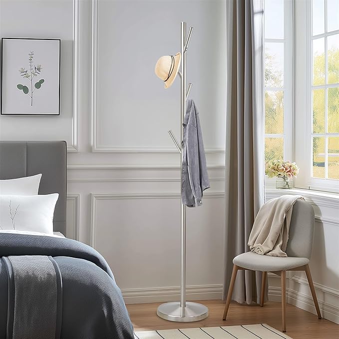 Kira Home Addison 68" Modern Standing Coat Rack with 6 Hanging Hooks, Sleek Metal Silver Coat Stand with Weighted Base, Satin Steel Finish