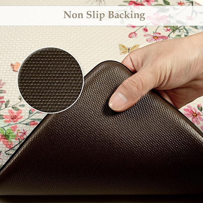 KIMODE Anti Fatigue Kitchen Mats for Floor 2 Piece, Beige Farmhouse Kitchen Rugs Sets of 2, Non Slip Waterproof Kitchen Floor Mats, Standing Mats for Laundry Office Sink Desk 20"x59"+20"x32"