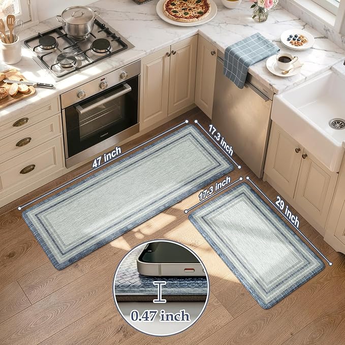 KIMODE Anti Fatigue Kitchen Mat 2PCS Non-Skid Waterproof Kitchen Rugs Farmhouse Kitchen Mat for Floor Laundry Room Rug,Cushioned Comfort Foam Standing Mat for Office Sink Desk Blue and Gray Home Decor