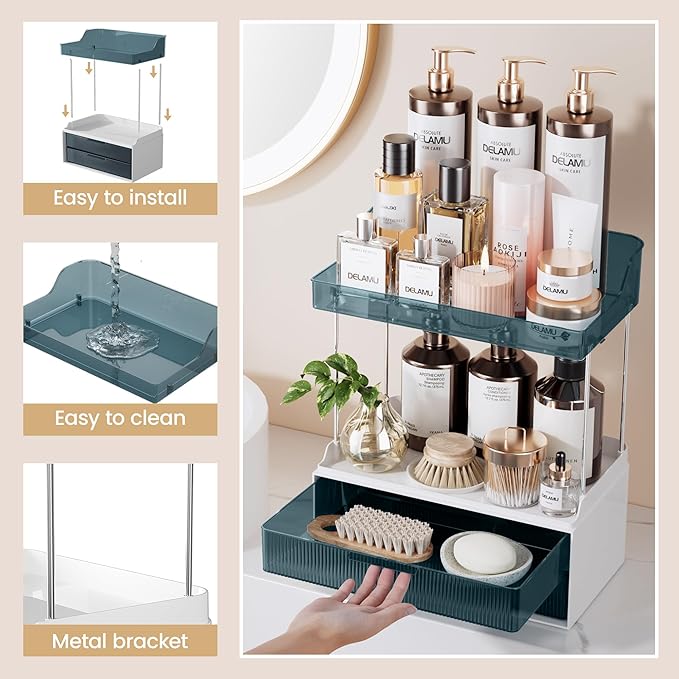 Delamu Bathroom Organizers and Storage, 2 Tier 2 Drawer Makeup Organizer Countertop, Easy to Install, Ideal for Bathroom Counter, Vanity, Blue