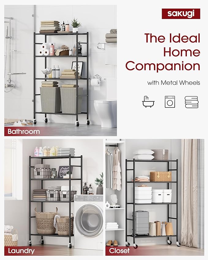 Sakugi Storage Shelves Organizer - 4 Tier Metal Shelf Organizer with Metal Wheels and Adjustable Leveling Feet, Heavy Duty Garage Shelving for Kitchen, Pantry and Closet, 33.1"x12.6"x58.9", Black