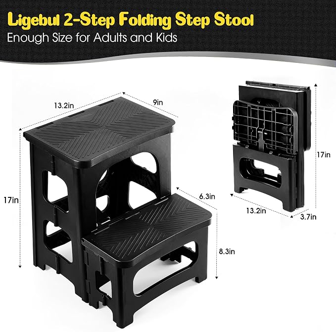 2-Step Stool Foldable, Plastic Steps Stool Folding Step Ladder Two Step Stools Collapsible Step Stools for Adults for Kitchen Home Bathroom RV-Black
