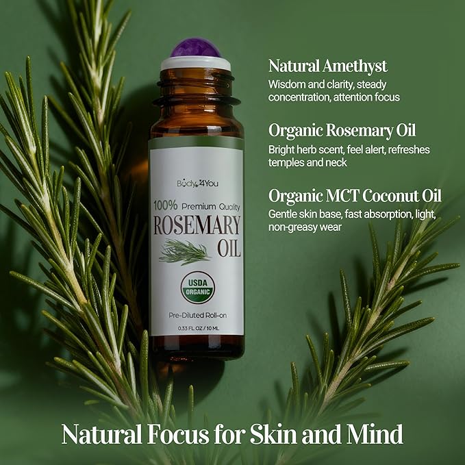 Rosemary Essential Oil Roll On for Hair Growth Scalp Massage Care - 100% Pure USDA Organic MCT Coconut Oil - Eyebrow Beard Growth Hairline Roots Mental Clarity Focus - Gemstone Roller 10ml Travel Size
