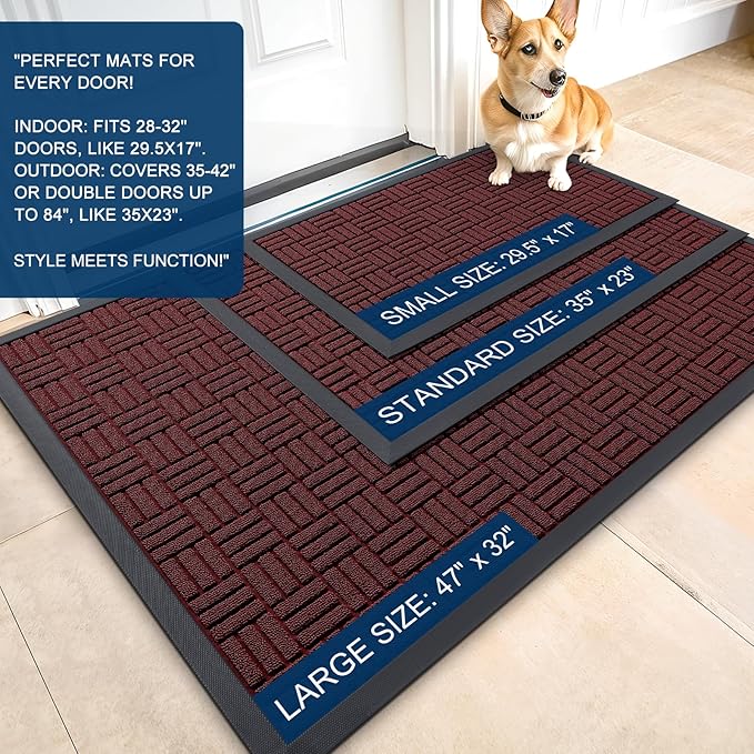 OLANLY Front Door Mat Outside Entrance 47x32, Absorbent, Heavy Duty Sturdy Natural Rubber Doormat Indoor Outdoor, Non-Slip, Stain and Fade Resistant, Low Profile Floor Mat for Entryway, Burgundy