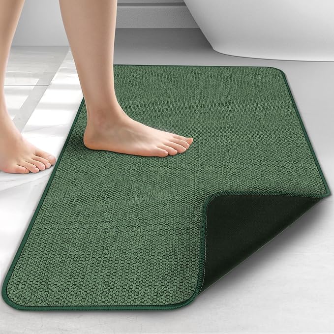Upgraded Bath Mat 19x30Inch, Thin Bath Mats Rugs with Rubber Backing Non-Slip, Absorbent,Quick Dry Machine Washable, Home Decor Accessories Cozy Cloth Bathroom Rugs fit Under Door/Sink/Tub-Green
