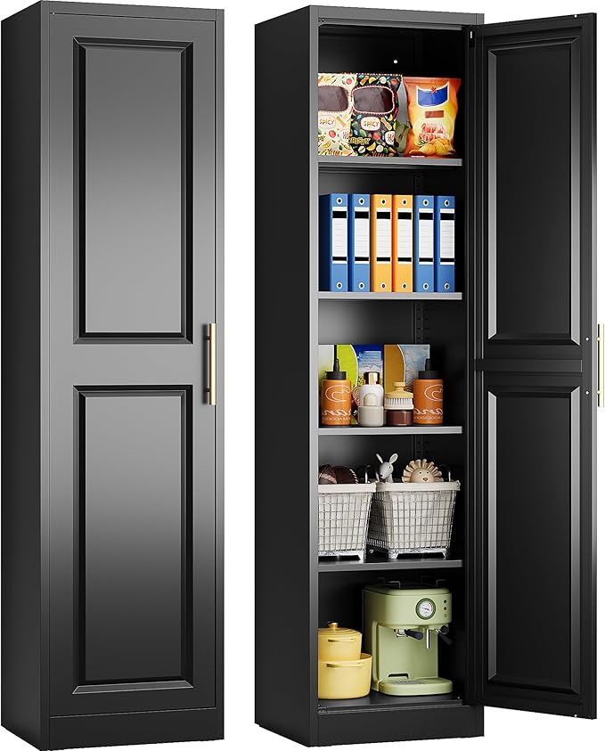 SISESOL 71" Tall Narrow Storage Cabinet with 1 Door and 5 Shelves,Slim Kitchen Pantry Cabinet,Black Metal Bathroom Cabinets,Large Cupboard for Home,Kitchen,Laundry,Bathroom