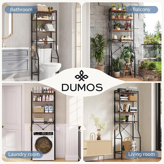 DUMOS Over-The-Toilet Storage Rack, 4-Tier Freestanding Bathroom Organizer Shelf Over Toilets with Adjustable Shelf and Basket, Space Saver Above Toilet Storage Cabinet with 3 Hooks for Rooms, Brown