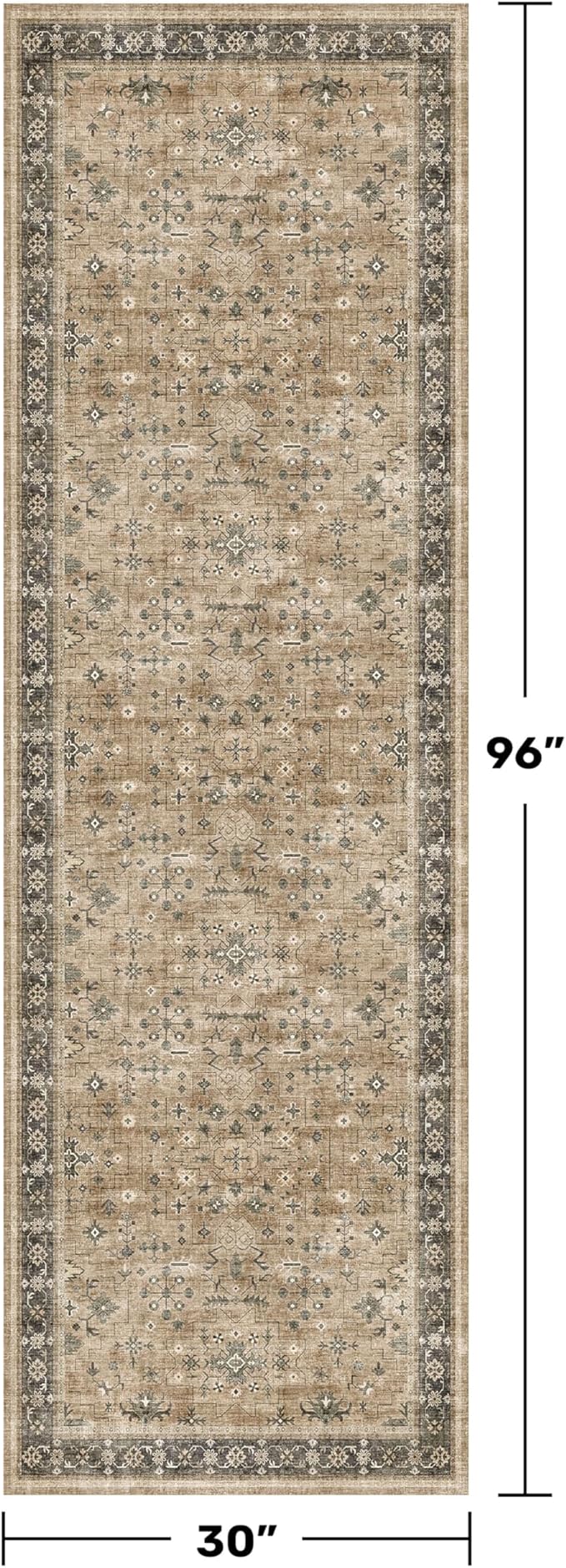 Distressed Taupe Washable Long Runners for Hallways, 2'6"x8' Wide Kitchen Runner Rug, Bohemian Traditional Entryway Indoor Rug, Distressed Floral Geometric Design, Non-Slip Stain & Fade Resistant