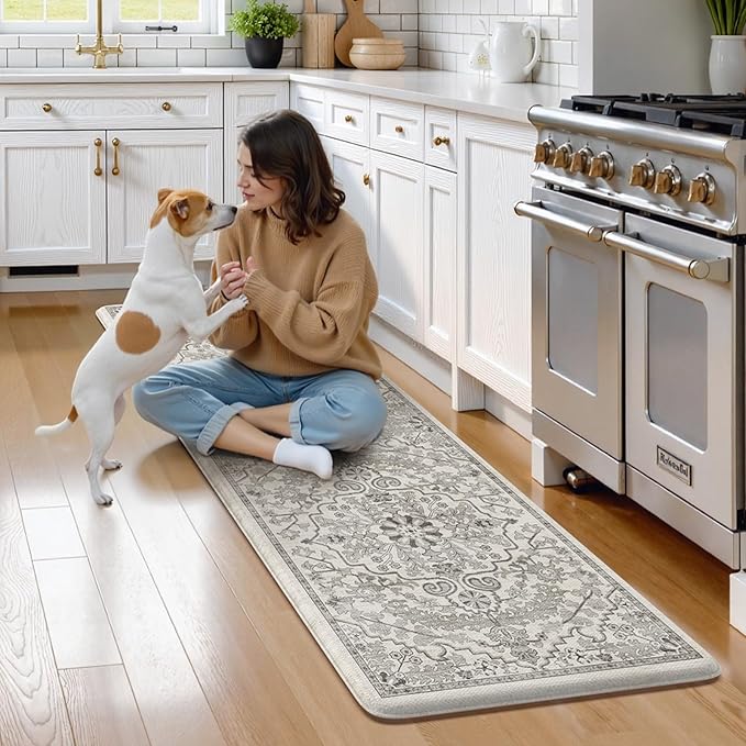 KIMODE Anti Fatigue Kitchen Mats, Padded Kitchen Floor Mats 24"x71", Boho Vintage Kitchen Runner Rugs, Light Grey Rugs for Kitchen Floor, Cushioned Standing Mat for Laundry Office Sink Desk