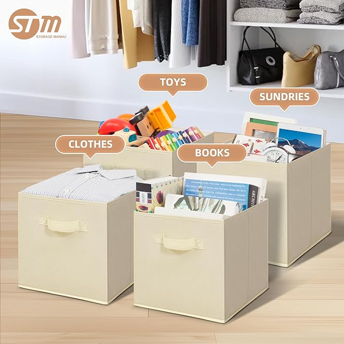 STORAGE MANIAC Storage Cubes, 11 Inch Collapsible Storage Bins with Handles, 8 Pack Fabric Foldable Bins for Organization, Durable Storage Bins for Closet, Shelves, Offices, 8-Pack Beige