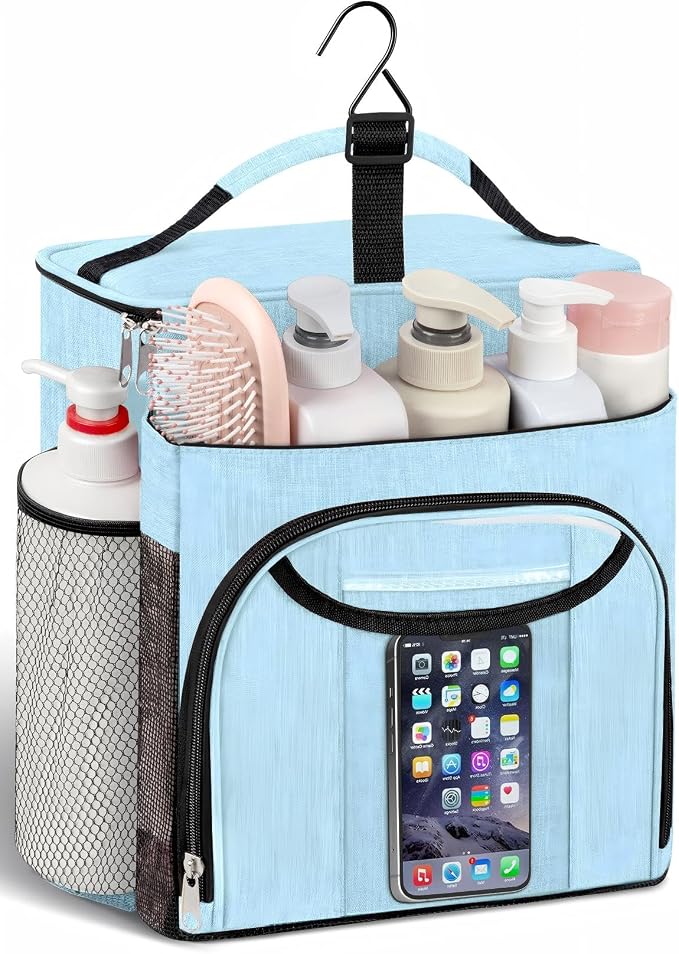 Attmu Shower Caddy Portable, Hanging Shower Bag for Dorm Room College, Large Capacity Quick Dry Mesh Tote Bag for Travel Camping Essentials (Dusty Blue)