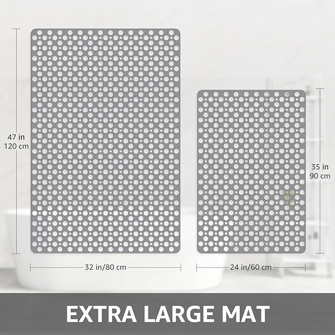 Yolife Large Shower Mat, 47 x 32 inch Non Slip Shower Mats for Inside Shower with Drain Hole, No Odor Soft TPE Shower Floor Mat, Extra Large Non Slip Shower Mat with Suction Cups, Grey