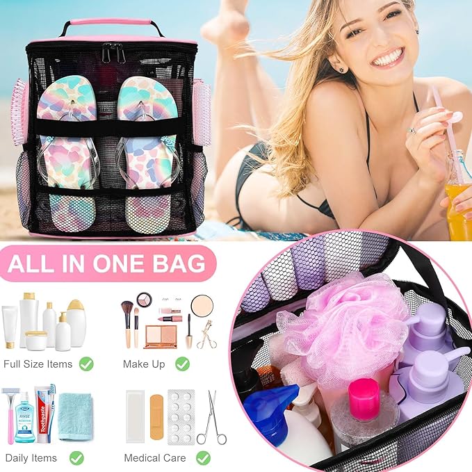 Mesh Shower Caddy,Portable Hanging Travel Toiletry Bag Dorm Room Essentials for College Students Girls,Large Makeup Organizer for Full-Sized Toiletries,Travel Essentials for Women Girls Camping Beach