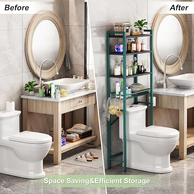 Kalrin Over-The-Toilet Storage Rack, 4-Tier Bathroom Organizer Shelf Over Toilet with Adjustable Shelf and Basket, Freestanding Space Saver Bathroom Shelves Above Toilet for Room (Green- Black)