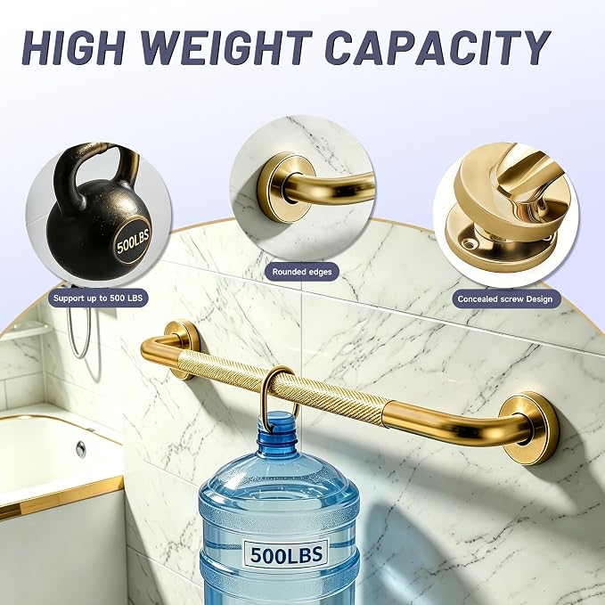 32 Inch Shower Grab Bar, Brushed Gold Anti Slip Safety Bars, 304 Stainless Steel Bathroom Handrail, Handicap Grab Bars for Wall, Shower Grip Handle for Seniors Elderly Injury Assist Bath (1.25" Dia)