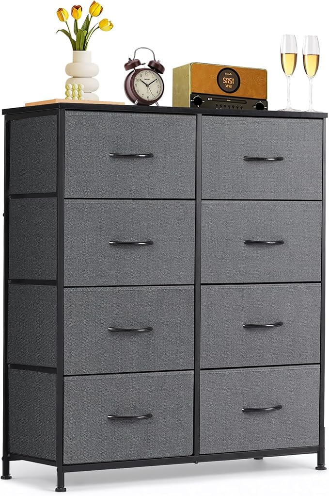 8-Drawer Dresser for Bedroom, Anti-Tip Tall Storage Organizer Chest of Drawers with Wooden Top and Metal Frame Fabric Bins for Closet, Living Room, Hallway, Entryway, Gray