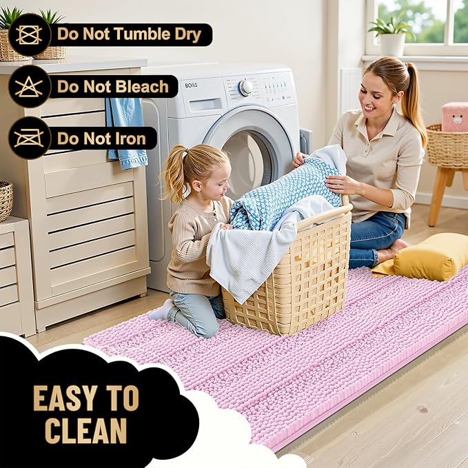 OLANLY Thick Bathroom Runner Rugs 44x24, Extra Absorbent Chenille Striped Bath Rugs, Rubber Backing, Machine Wash Dry, Long Bath Mats for Bathroom Floor, Tub and Shower, Home Decor Accessories, Pink