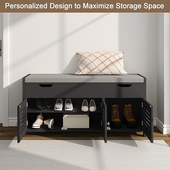 ChooChoo 41.3" Shoe Storage Bench with Lift Top Storage, Entryway Bench with Cushioned Seat, Adjustable Shelf, Shoe Cabinet with Hidden Space, for Entryway, Bedroom, Living Room, Black