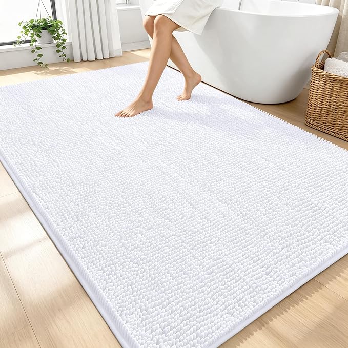 OLANLY Large Bathroom Rugs 70x46, Extra Soft Absorbent Chenille Bath Rugs, Rubber Backing Quick Dry, Machine Washable Bath Mats for Bathroom Floor, Tub and Shower, Home Decor Accessories, White