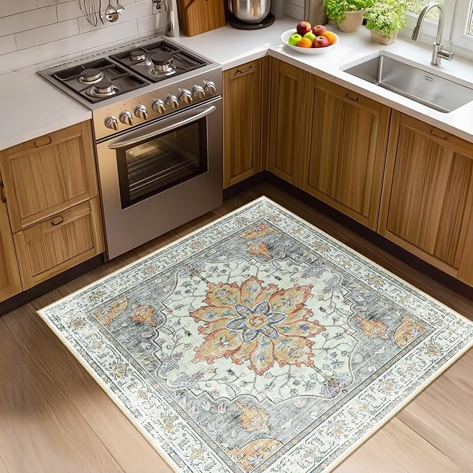 RELEANY Area Rugs Square 4ft Washable Non-Slip, Floral Vintage Distress Medallion Carpet for Living Room Bedroom Dining Room, Beige Carbon Grey Orange