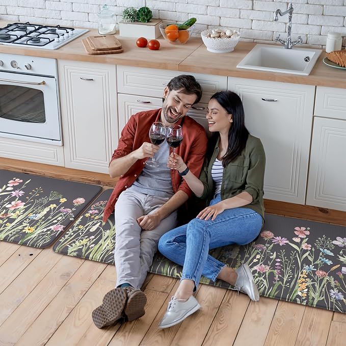 KIMODE Anti Fatigue Kitchen Mats for Floor, 20"x47"+20"x32" Farmhouse Kitchen Rugs Sets of 2, Padded Kitchen Floor Mats, Comfort Standing Mats for Sink, Laundry, Office, Desk Dark Grey/Purple