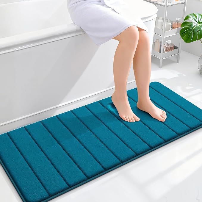 OLANLY Memory Foam Long Bathroom Rugs Runner 47x20, Super Soft Absorbent Bath Mat, Quick Dry, Machine Washable Shower Floor Rugs, Bathmat Carpet, Bathroom Home Decor Accessories, Peacock Blue