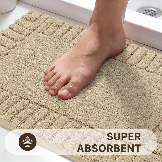 Pauwer Bathroom Rugs Set 5 Piece Non Slip Washable Bath Mat Set with U Shaped Contour Toilet Rugs Plush Absorbent Microfiber Shower Mat and Toilet Lid Cover for Bathroom, Beige