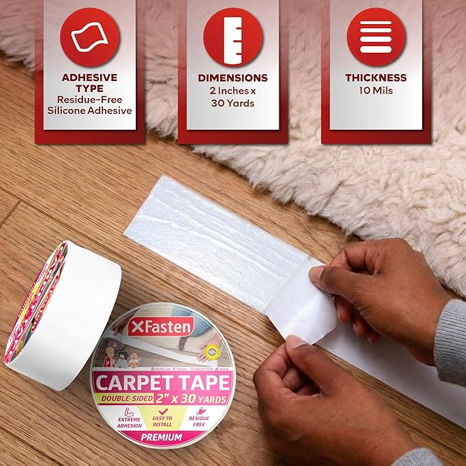 XFasten Double Sided Carpet Tape for Area Rugs, 2 Inch x 30 Yards – Heavy Duty Anti Slip Rug Grip Tape, Works as Rug Grippers, Residue Free, Wood Safe, Easy Removal for Hardwood and Laminated Floors