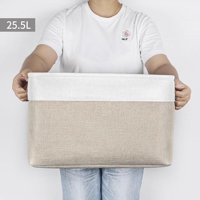 Bagnizer Storage Bins Large Fabric Storage Baskets for Shelves 3 Pack, Decorative Linen Closet Baskets with Handles for Organizing, Shelf, Clothes, Home, Office, 15x11x9.5Inches (Beige&White)