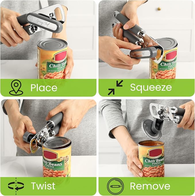 Spring Chef Stainless Steel Can Opener - Manual with Soft Grip Handles, Easy Turn, Heavy Duty Hand Can Openers for Seniors with Smooth Edge - Magnetic Lid Remover - Gray