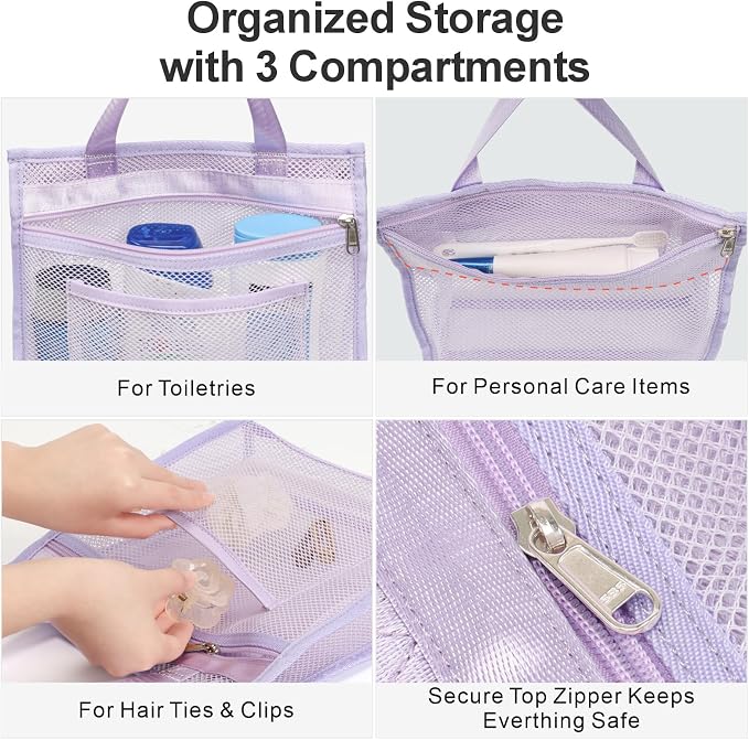 F-color Mesh Shower Caddy Portable Hanging - 3 Pockets Small Shower Bag Tote for Camping, Gym, Travel, Toiletry, Quick Dry Bathroom Essentials with S Hook, Purple