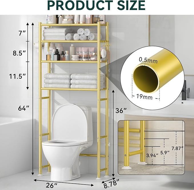 GloTika 4-Tier Over The Toilet Storage, 200lb Total Capacity Metal Bathroom Organizer with 36" Clearance, Includes Paper Holder & 4 Hooks, Space Saving Rack for Bathroom Laundry Room (64" H, Gold)