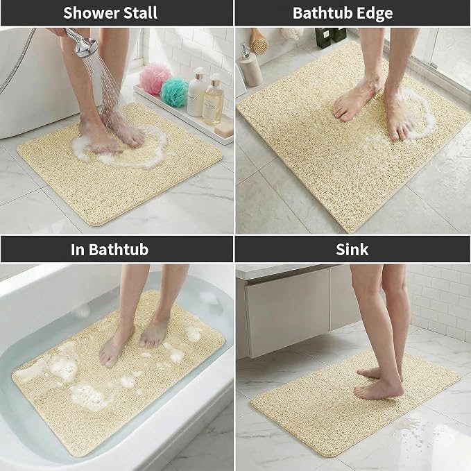 Shower Mat Non Slip, 16 x 24 Inch, Beige Shower Mats for Inside Shower, Soft PVC Loofah Bath Mats for Tub, Quick Drying Easy Cleaning Bathroom Stall Floor Mat Without Suction Cup