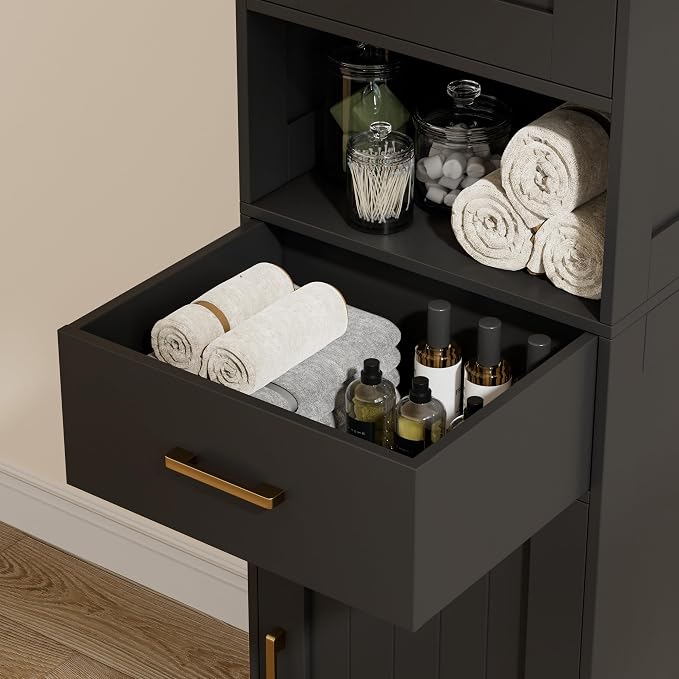Homhedy 67" H Bathroom Storage Cabinet, Tall Storage Cabinet with Adjustable Shelves, Freestanding Cabinet with Doors and Drawer, Narrow Cabinet for Bathroom, Living Room, Kitchen, Dining Room, Black