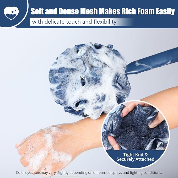 VANZAVANZU Loofah Sponge Set Loofah Exfoliating Body Scrubber, Anti-Slip Plastic 17" Handle Loofah on a Stick with Fluffy Shower Sponge, PE Soft Mesh Shower Loofahs-Blue with White Edge