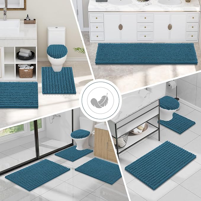 Smiry Bathroom Toilet Rugs U Shaped 24x20, Extra Soft Absorbent Non Slip Rubber Backing Chenille Contour Bath Rugs for Toilet, Machine Washable Contoured Bath Mats, Peacock Blue