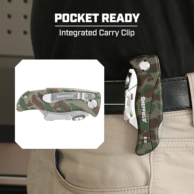 Sheffield Folding Utility Knife, Accepts Standard Utility Knife Blades, Box Cutter, Razor Blades Included, For Home, Office, Trades, and Warehouse