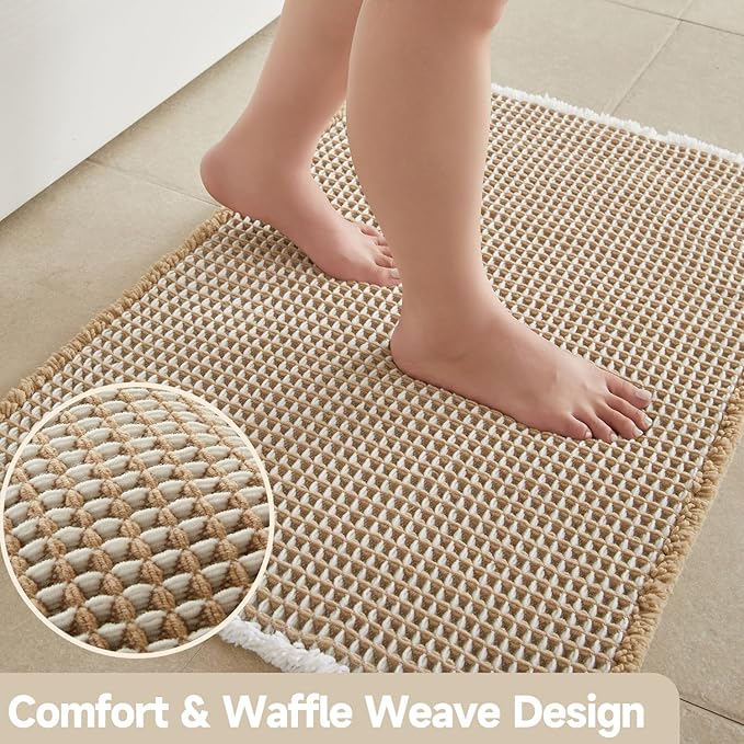 TYUU Waffle Bath Mat, Boho Bathroom Rugs Non Slip Washable Super Absorbent Quick Dry Bath Mat Farmhouse Bathroom Decor, 36"x24" Khaki and White