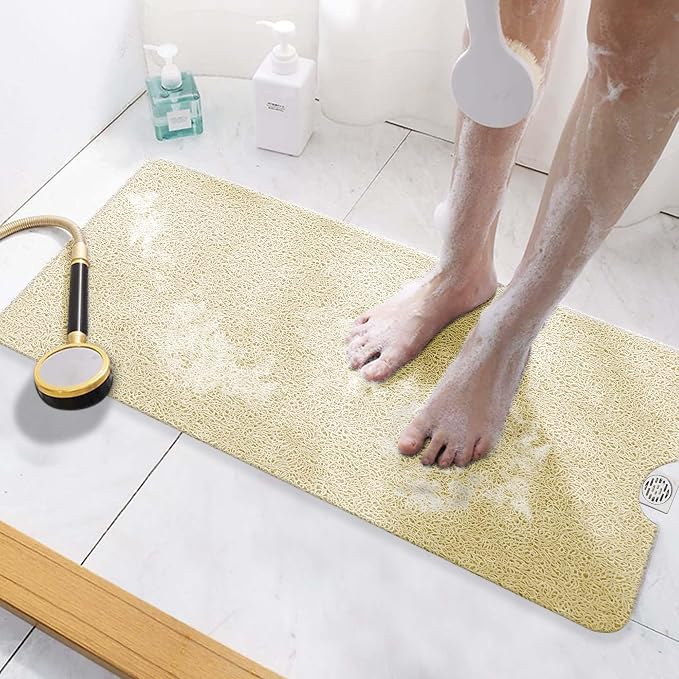 HITSLAM Non Slip Bathtub Mat 40 x 16 Inch, Extra Long Bath Mat for Tub, Soft PVC Loofah Shower Floor Mat with Drain, Quick Drying Bathroom Tub Mat for Wet Area, Without Suction Cup, Beige