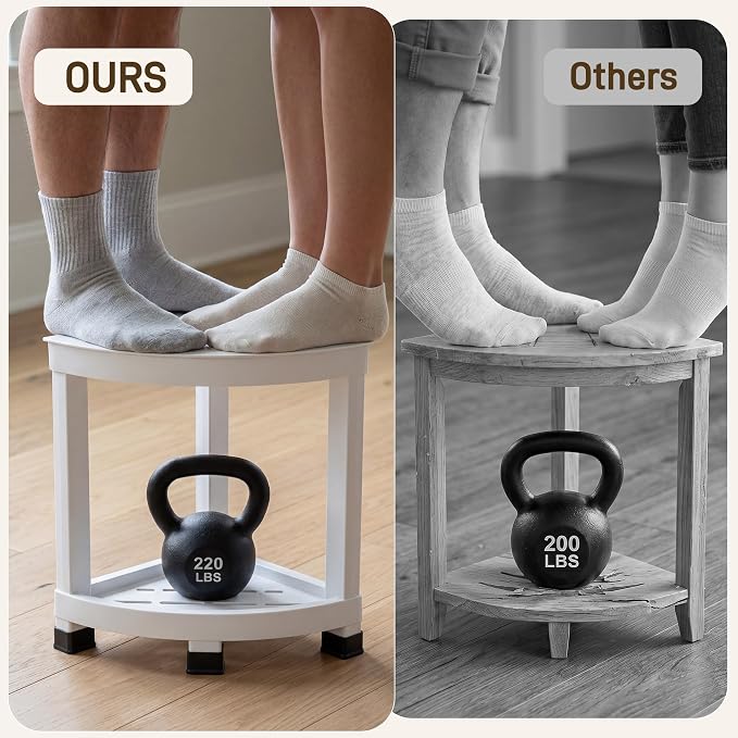 Corner Shower Shelf with 2-Tier Storage, Waterproof Bathroom Organizer, Shower Stool for Inside Shower, Small Corner Shelf with Non-Slip Feet for Bathroom, Bathtub and Living Room,White